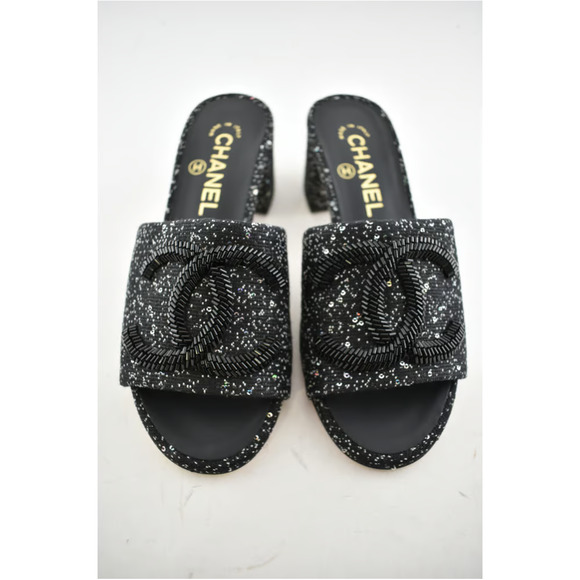 Chanel 19P Black White Fabric CC Logo Backless Slide Mule Sandal Block Heel 35 - Picture 7 of 12